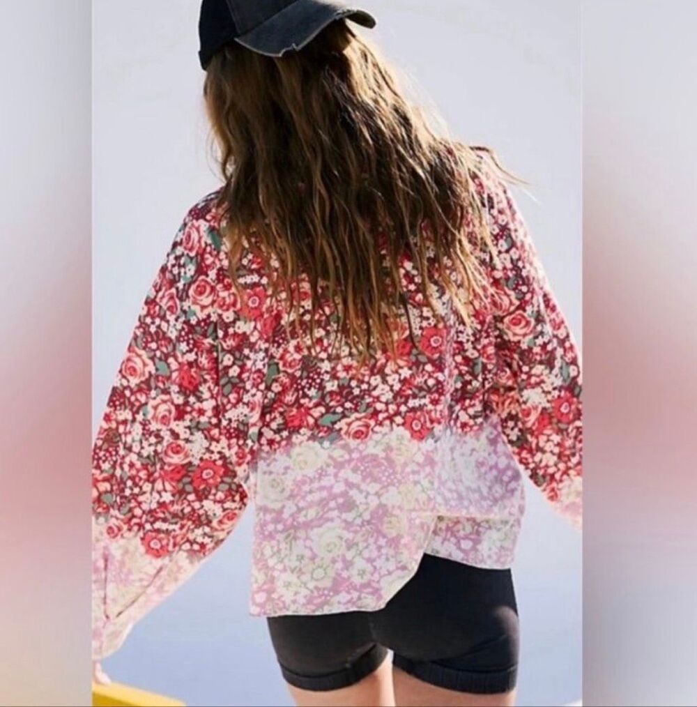 Free People Movement red pink floral Inspire Layer Top Long Sleeve M NWOT
